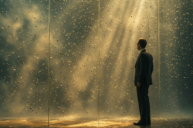 Symbol image: man behind bulletproof glass under gunfire